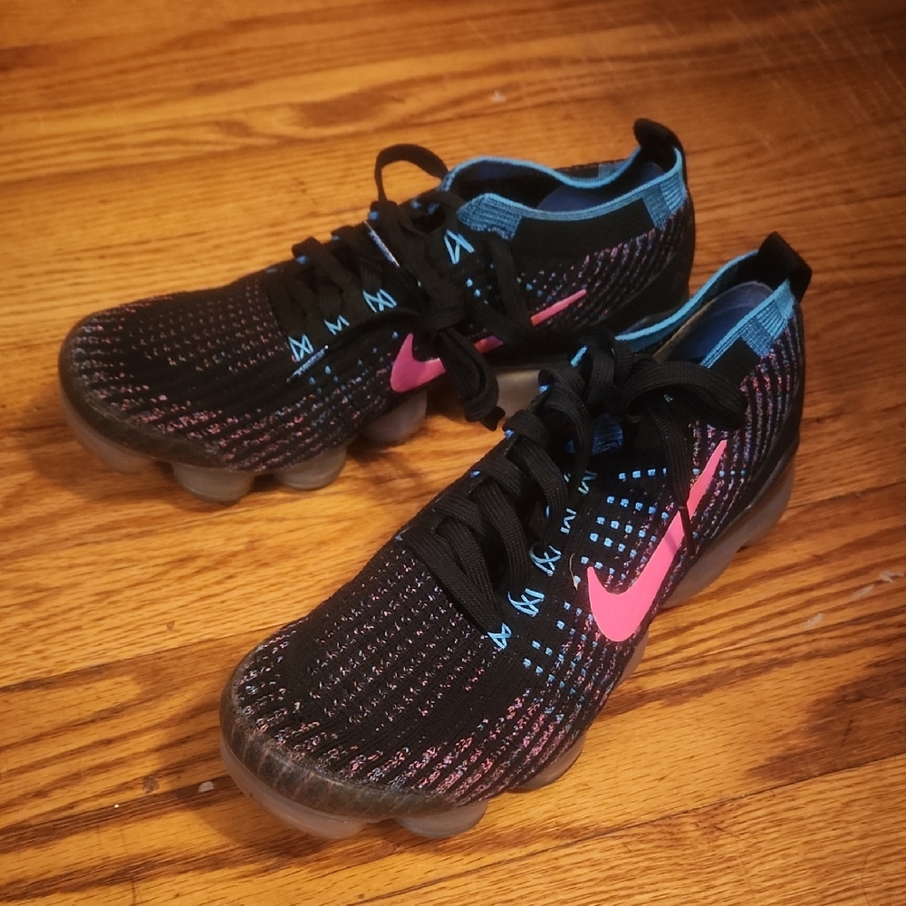 Nike Kids Black Sneakers with Pink Swoosh and Blue Accents